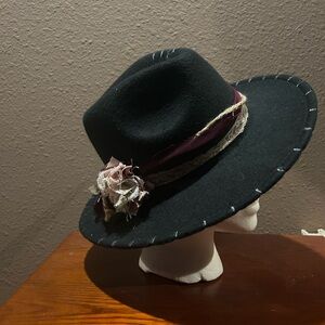 Elegant Black Hat with Floral Accent. Homemade